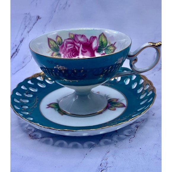 Royal Halsey teacup & filigree saucer Lusterware, green, hand painted, beautiful - Picture 3 of 12